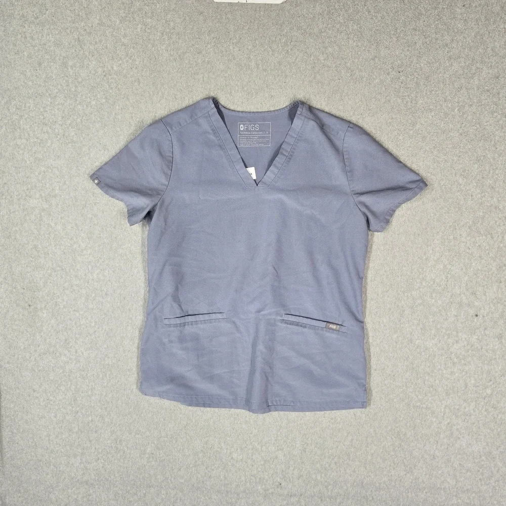 FIGS Women Scrub Top S Blue Casma Short Sleeve V Neck Pockets Classic Fit READ